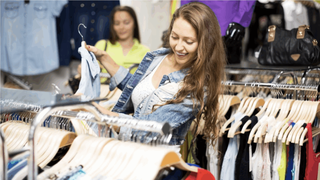 Two women looking through ranks of clothing